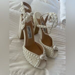 White Satin Platform Sandals with All-Over Pearl Embellishment